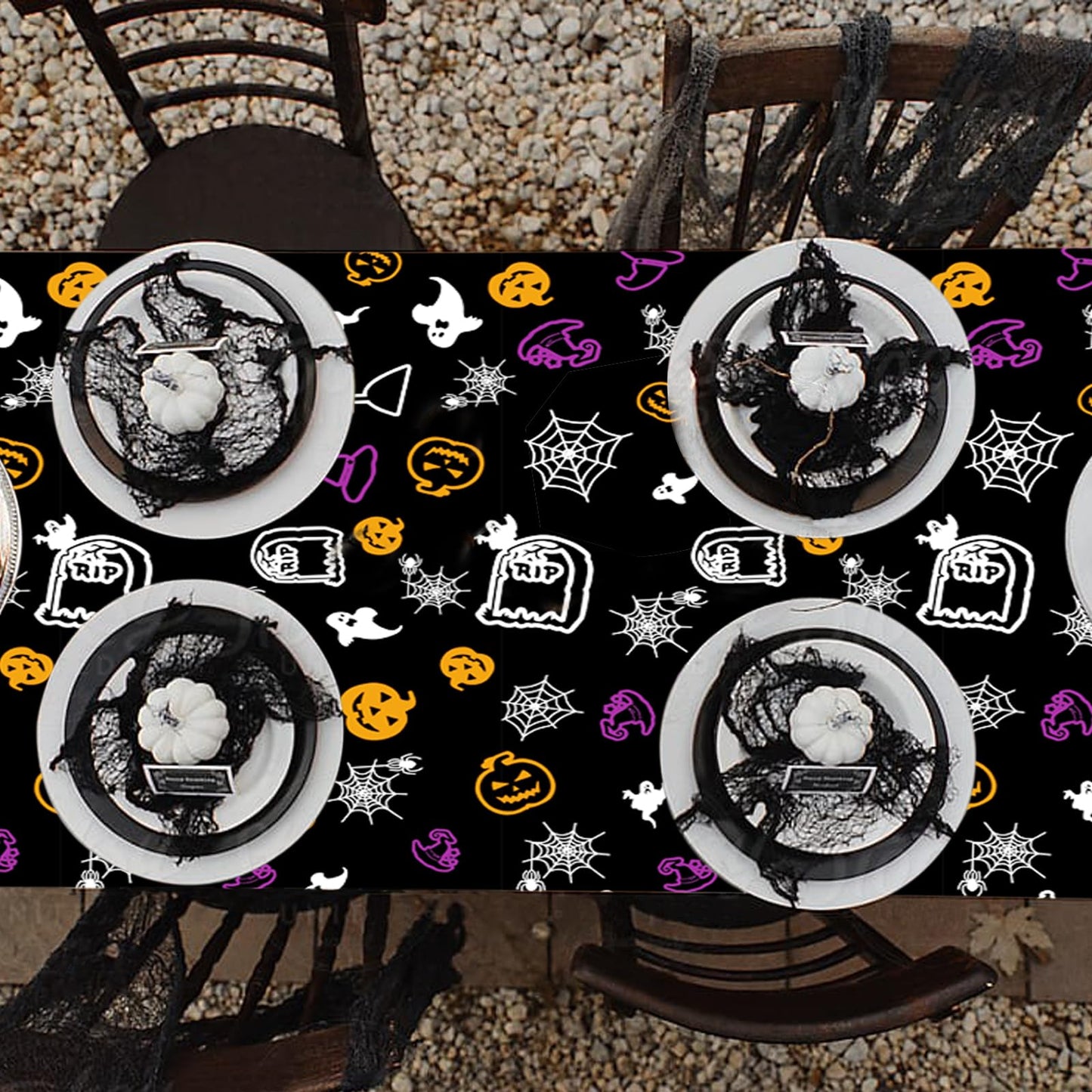 Ymsone 3 Pack Halloween Spider Web Tablecloths Plastic, 54 x 108 Inch Disposable Rectangle Table Cover for Halloween Party Decorations Indoor, Black Pumpkin Ghost Witch Table Cloth