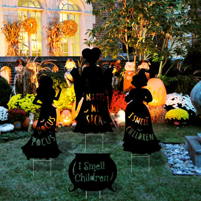 Arosche Extra Large Halloween Decorations Outdoor Hocus Pocus Yard Sign with Stakes 4 pack Witches Silhouette Themed I Smell Children Hocus Pocus Halloween Decor for Lawn, Yard, Garden, Party