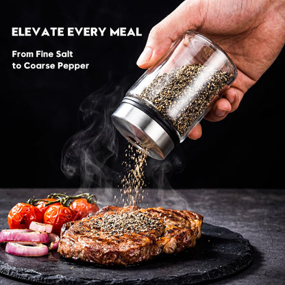 Shatterproof Glass Salt and Pepper Shakers Set Leak & Moisture Proof - 4 Adjustable Holes Precision Control - 5oz Borosilicate Glass Sugar & Spice Jars with Stainless Lid, Wide-Mouth, Dishwasher Safe