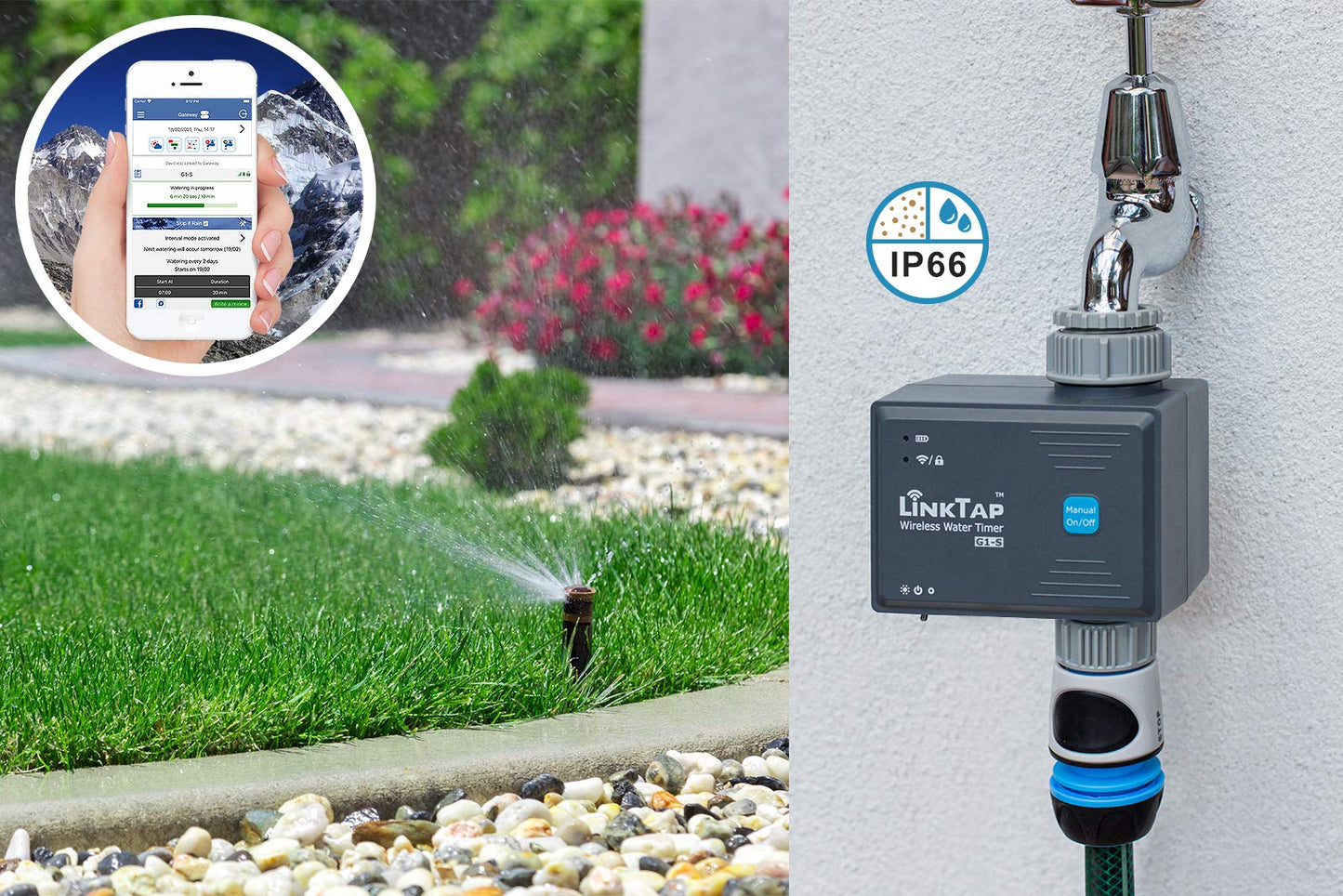 LinkTap G1S Wireless Water Timer & Gateway - Smart Sprinkler Timer with App, Remote Irrigation for Garden, Weather Aware, Greater Range Than WiFi, Anti-Freeze Protection, 2 Year Battery Life, IP66