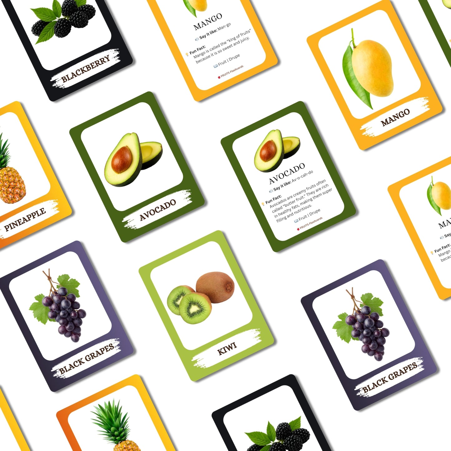 The Biblio Hub Fruits Flashcards – Non-Tearable Synthetic Learning Cards for Toddlers, Preschool & Kindergarten, Double-Sided Set
