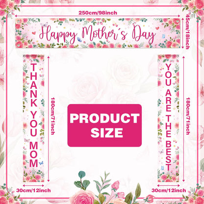 Fanfanwin 3 Pcs Pink Happy Mother's Day Banner Set Thank You Mom Front Door Banner Rose Floral Mother Decor You Are The Best Mama Party Supplies Decorations for Women Mama Wife Hanging Home Decor