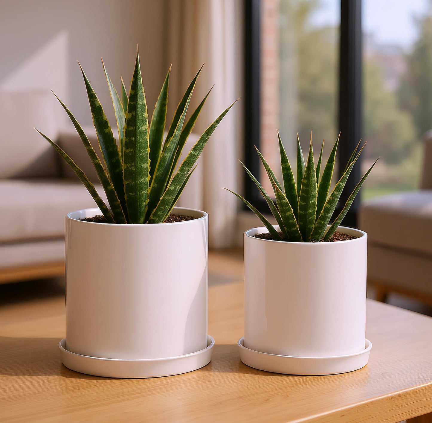 TERRASTELLA Ceramic Plant Pots with Saucers 5.3+4.3 Inch, Set of 2 Small White Flower Pots for Succulents, Herbs, Small Indoor Plants, with Drainage Hole, Mesh Pads & Plugs, Modern Home Decor Gift