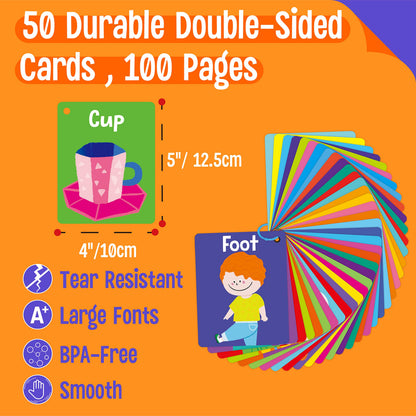50 PCS Kid First Cognitive Flashcards,Double Sided Printed 7 in 1 Colorful Cards Alphabet,Numbers, Foods,Animals,Shapes,Colors with 3 Reclosable Rings,Learning Tool for Pre-K Kindergarten Toddlers