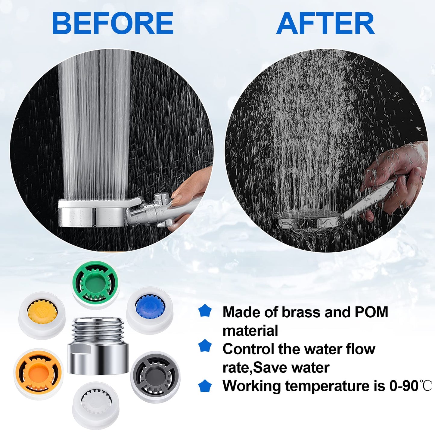 PAGOW 10 Shower Flow Reducer Limiter Set, gpm 1.5/1.8/2.0/2.2/2.5/3.0 Shower Head Flow Restrictor, 2 Pcs Washers, 2 Pcs 1/2 Inch Restrictor Valves, Water Flow Saver Adapter Set for Handheld Shower