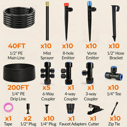 240FT Drip Irrigation System for Garden: 30 Nozzles 1/2" PE Tubing Automatic Watering Kit Adjustable Misting Sprinkler Mister 1/4" Hose for Water Plants Tape Raised Beds Lawn Outdoor Greenhouse