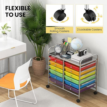 Giantex 12 Drawers Rolling Cart, Mobile Storage Drawer Cart, Classroom Organizer Cart for Office School Supplies Tools Scrapbook Paper Craft Small Printer, Utility Cart on Wheels, Rainbow
