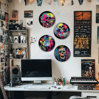 DOODLREAM 4PCS Graffiti Skull Vinyl Record Wall Decor 12" Hippy Halloween Skeleton Wall Art Posters for Room Aesthetic, Retro Record Decor for Music Party Studio Living Room DIY Craft Project