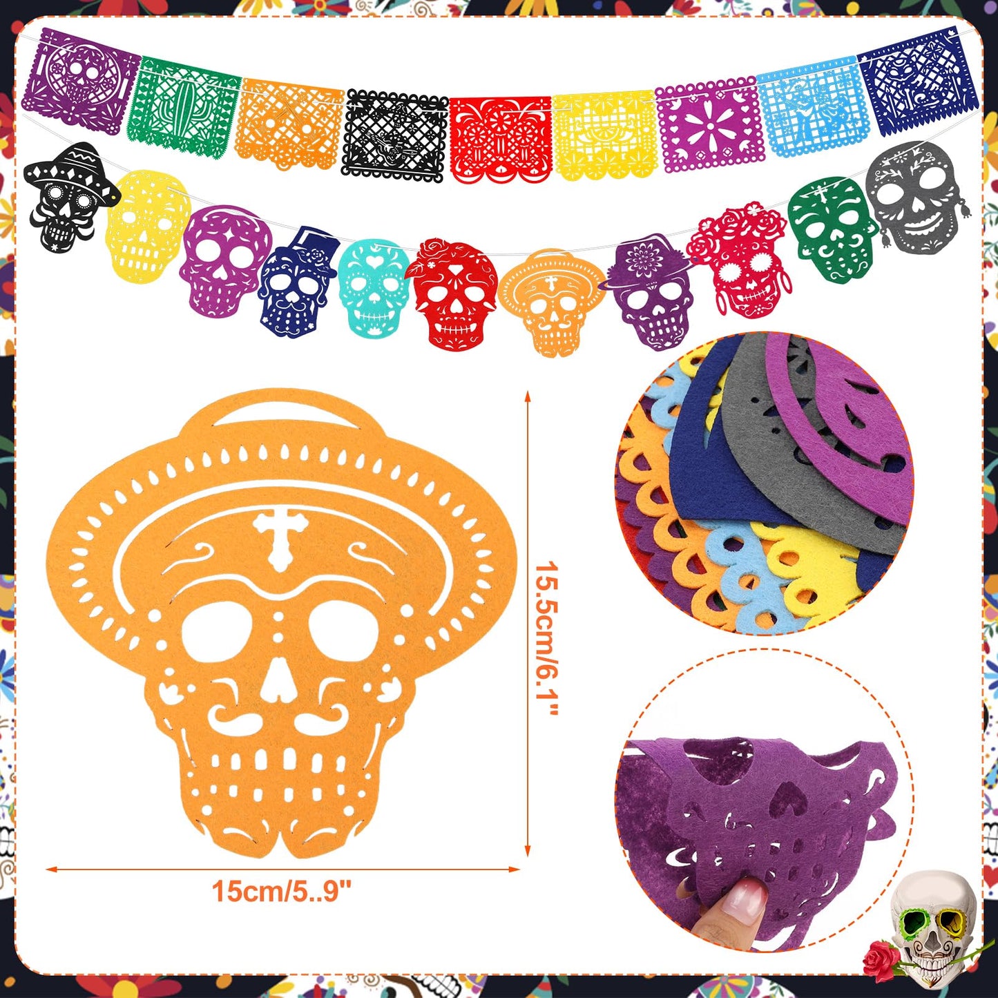 HOWAF Dia De Los Muertos Decorations Ofrenda Set, Day of The Dead Decor for Altar with Papel Picado Banner Marigold Flowers Garland for Ofrendas Alter Supplies, Mexican Halloween Diwali Party Supplies