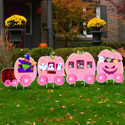 Shellwei 4 Pcs Thanksgiving Pumpkin Yard Outdoor Decor Skeleton Train Yard Signs Autumn Harvest Decorations for Lawn Outdoor Garden Farmhouse Home Thanksgiving Party Decor(Pumpkin,Pink)