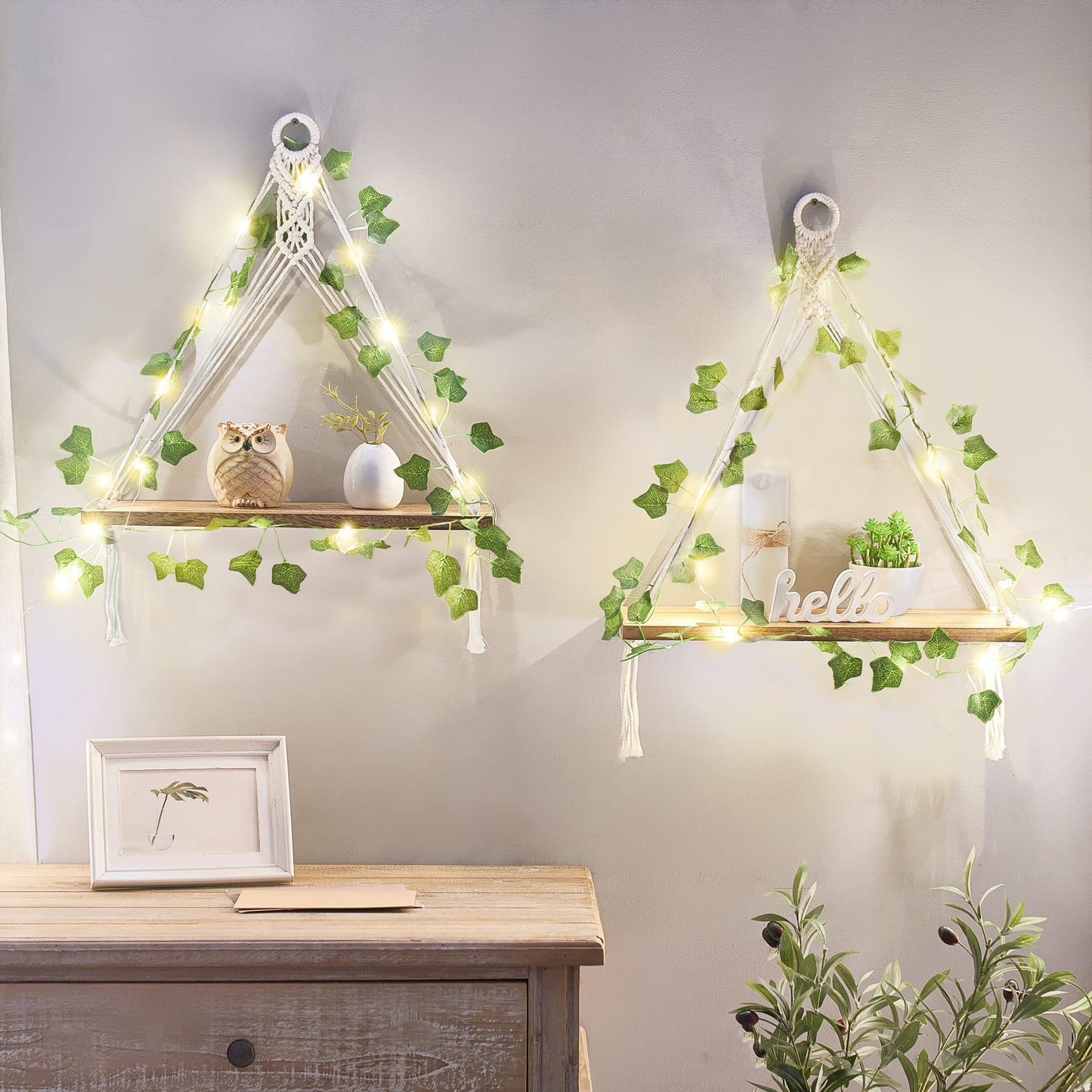 Mkono sSet of 4, 2 Packs Artificial Ivy Macrame Hanging Shelves with Lights, and 2 Packs Fake Hanging Plant with Pot