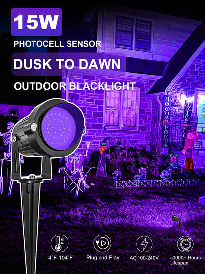 DOREIO Halloween 120V Blacklight Spotlight 15W Outdoor LED Landscape Lighting Dusk to Dawn Photocell Light Sensor with US Plug for Glow Dance Party, Body Paint, Fluorescent Poster, Neon Glow(1 Pack)