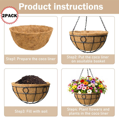 KIDYBELL 2 Pack 12 inch Black Round Metal Wire Hanging Planter Basket Outdoor Hanging Baskets Indoor with Coco Liner Pot Plant Holder for Home Garden Balcony Decor