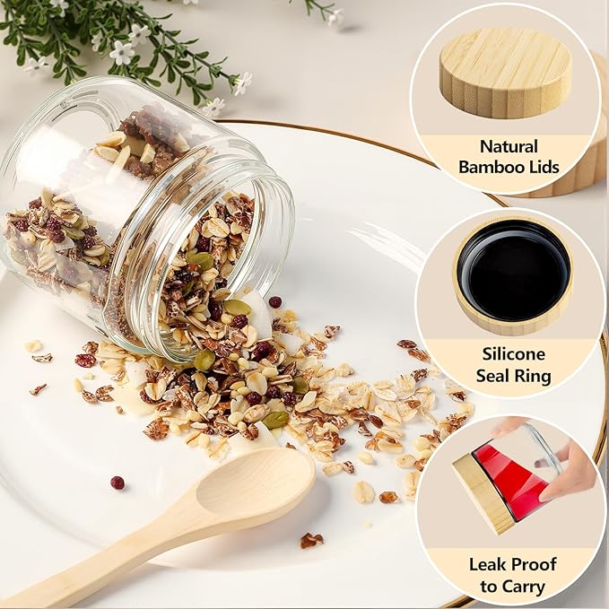 TBWIND 4 Pack 10oz Glass Jars with Bamboo Lids, Spoons, Airtight Overnight Oats Containers, Wide Mouth Mason Jars, Food Storage Container for Yogurt Salad Snacks Spice Sugar Meal Prep – Reusable