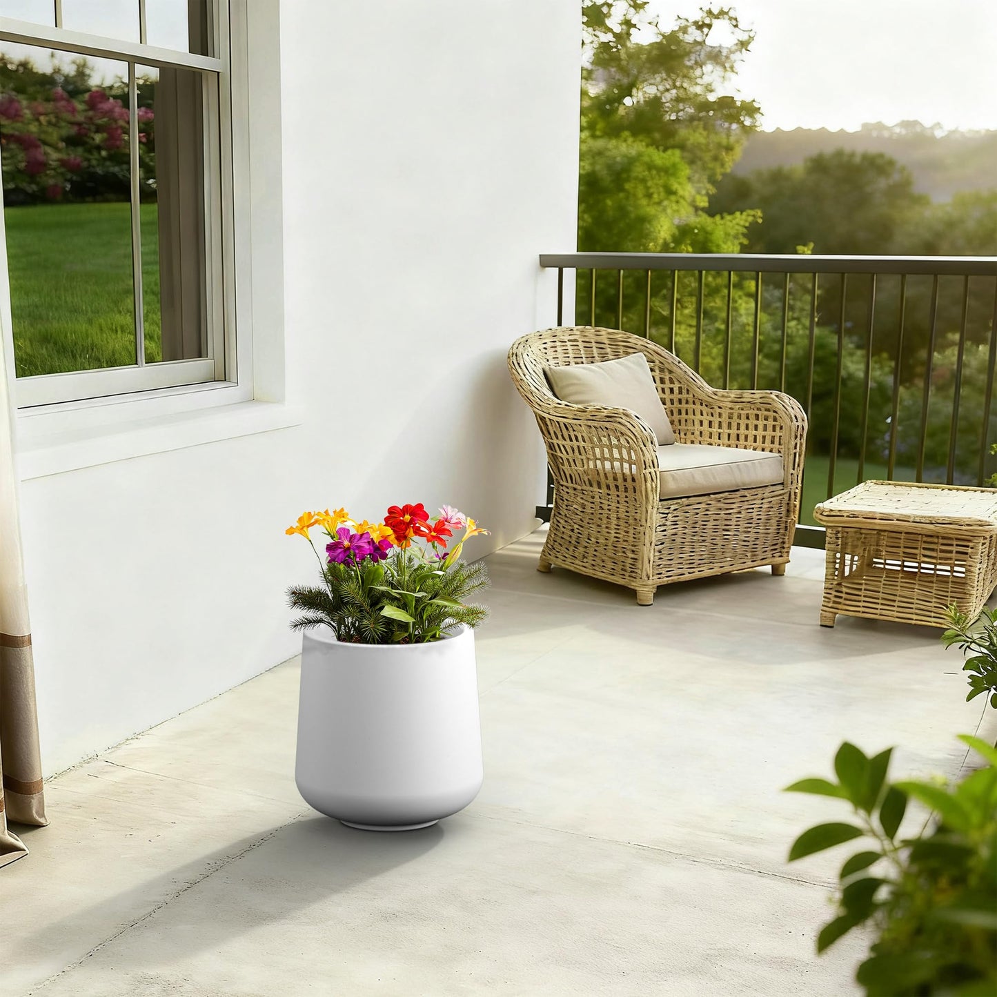Kante 11.6" Dia Round Concrete Planter, Outdoor Indoor Large Plant Pots Containers with Drainage Hole and Rubber Plug for Home Garden Patio, Pure White