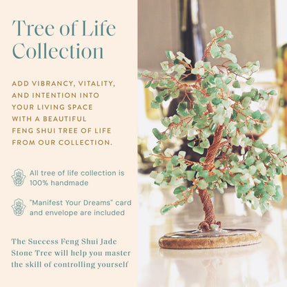 KARMA AND LUCK Jade Crystal Tree of Life, Feng Shui Money Tree Decor with Natural Jade Gemstones, Copper Wire Bonsai Tree on Agate Base, Spiritual Home, Office, Desk Decor Gift, 8" Medium