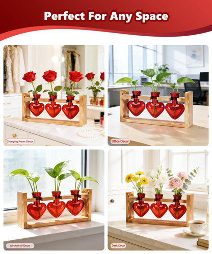 Nacome Plant Terrarium Propagation Stations: Mothers Day Gifts for Mom Plant Lovers Women Wife Daughter - 3 Bulb Glass Vase with Wooden Stand Tabletop for Hydroponics Garden Home Wall Decor(Red)