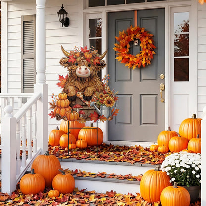 Amyhill Fall Highland Cow Outdoor Decor Autumn Harvest Highland Cow Metal Garden Stakes Fall Pumpkin Maple Leaves Farmhouse Outdoor Yard Signs for Home Lawn Porch Patio Thanksgiving Decor