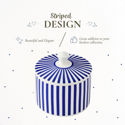 Spode Steccato Covered Sugar Bowl - 10 Ounce Earthenware Container with Lid, Cobalt Blue Striped Design, Microwave Dishwasher Freezer & Oven Safe - Ideal for Afternoon Tea & Gifting