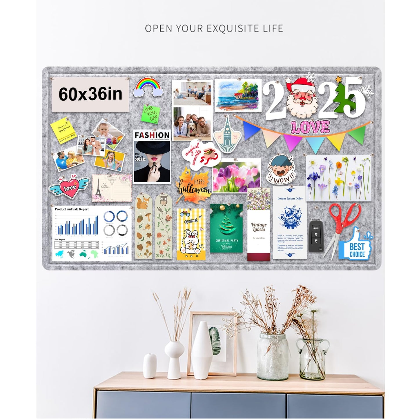 Large Bulletin Board, Foldable 60x36 Inches Cork Board Alternative, Large Felt Board Decorative Pin Board for Wall, Foldable Photo Board Self-Adhesive Vision Board with 36 Pushpins Light Gray