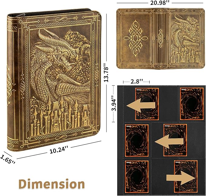 TIANREN Card Binder 9 Pocket, 3D PU Leather Album with Zipper, 360 Side Loading Pockets for TCG, MTG, Lorcana, Other Collectible Cards, Trading Card Game Protective Folder Album (Golden Brown)