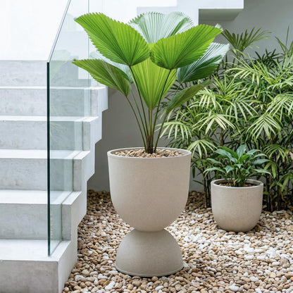 KOL Planters Flower Pots, Large Plastic Urn Planters for Indoor Outdoor Plants, Beige Pedestal Planter 2 Pack, 18 Inch+23 Inch, Decorative Planters with Drainage Holes & Plugs for Porch Garden