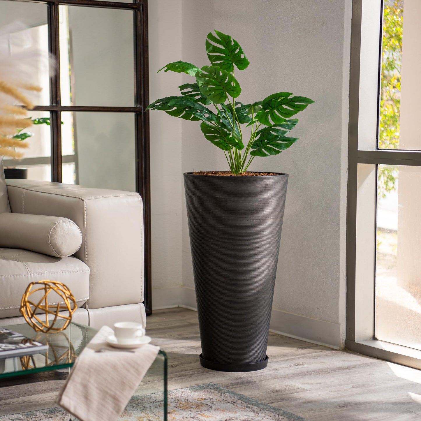XBrand Modern 28-Inch Tall Round Planter, Modern Tapered Planter Perfect for Indoor & Outdoor Planter, Patio Décor, Set of 2, Black
