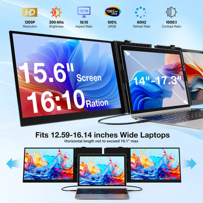 Laptop Screen Extender, Ultra-Thin 15.6" FHD 1200P 16:10 Portable Monitor for Laptop, Lightweight Travel Monitor Extender Plug & Play for 14.2"-17.3" Laptops, Compatible with Wins/Mac/Android/Chrome