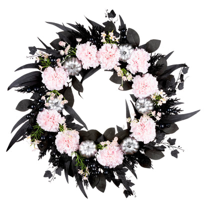 National Tree Company Artificial Pretty Morbid Pink Carnation Halloween Wreath, Black, Silver Pumpkins, 26inch