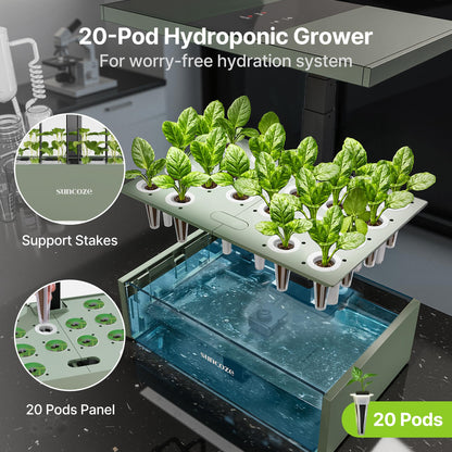 SUNCOZE Hydroponics Growing System Kit, 20 Pods Indoor Herb Garden with 10L Water Tank & Adjustable Height 25", 30W LED Grow Light, LCD Display with Veg/Flower Modes, Pump & Low Water Reminder, Green