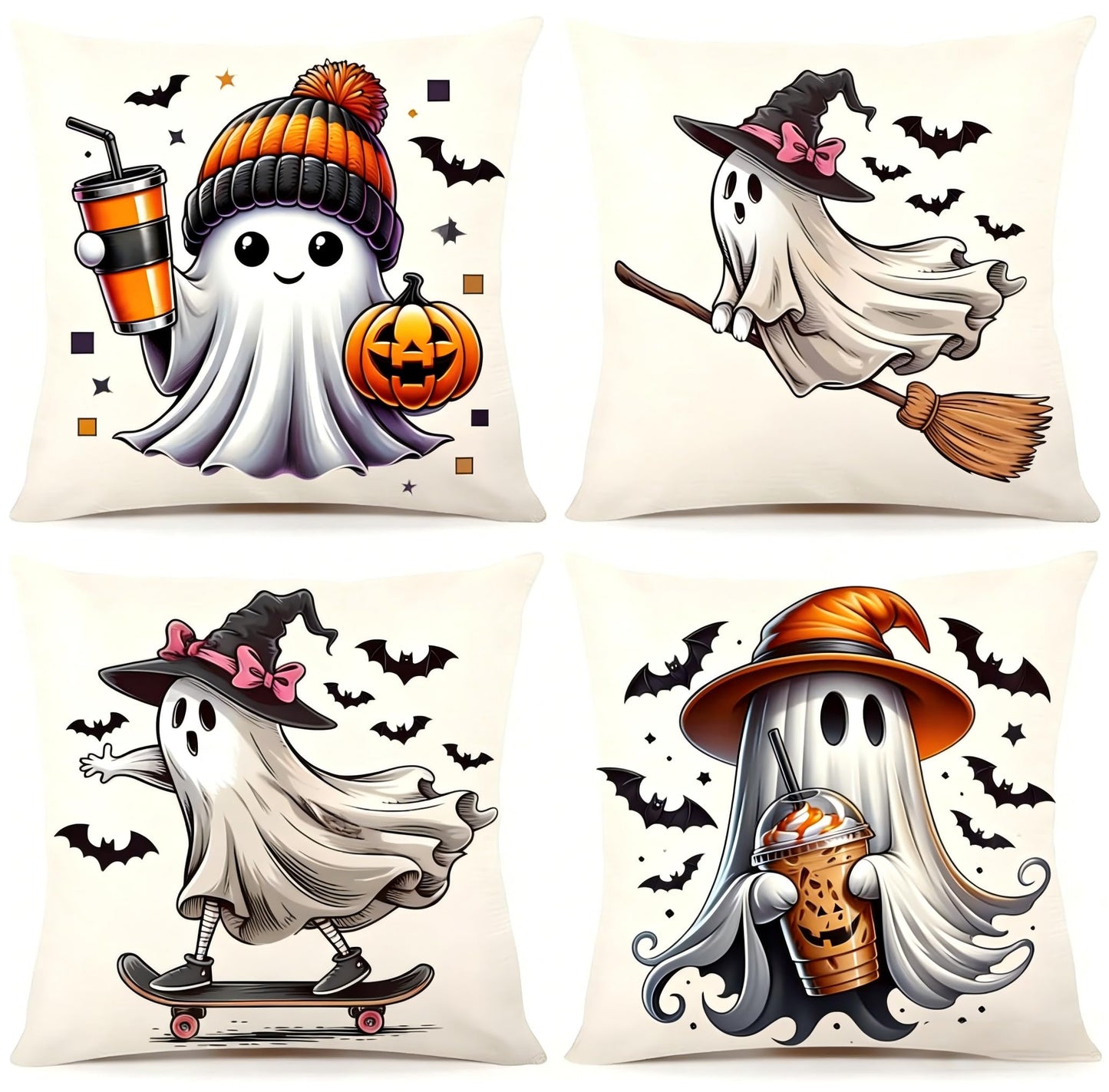 Fall Halloween Thanksgiving Pillow Covers 18x18 Set of 4, Faux Linen Polyester Decorative Throw Pillow Cases for Harvest Home Sofa Couch Bed Decor (CuteGhost)