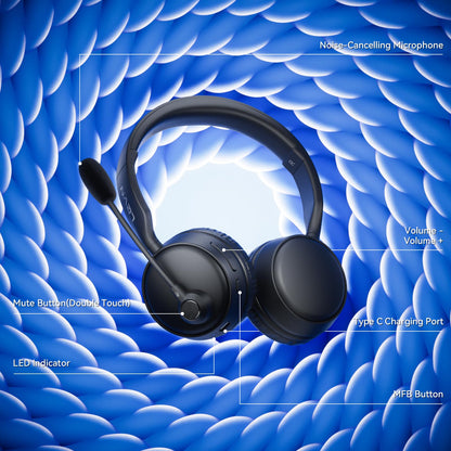LEVN Bluetooth Headset with Microphone, Wireless Headset with Mic & Mute Button, 60 Hrs Working Time, Noise Cancelling Bluetooth Headphomes 5.3 Multipoint Connect to Cell Phone/Mobile/Laptop/Tablet/PC