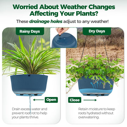 T4U 12 Inch Large Hanging Planters for Outdoor Plants, 2 Pack Self Watering Pots Indoor, Hanging Baskets for Plants,Hanging Flower Pot with Drainage Hole and Plant Hanger, Blue