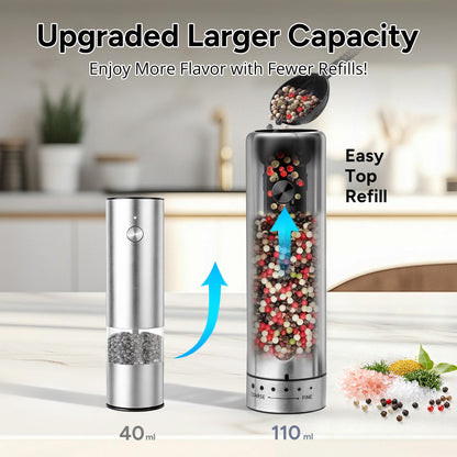 Rechargeable Electric Salt and Pepper Grinder Set with 6 Adjustable Coarseness, Large Capacity, LED Light, Stainless Steel Automatic Pepper Mill - BBQ Accessories, Cooking Gift for Dad, Men Women