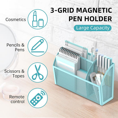 DALTACK Magnetic Pencil Holder - 3-Grid Mesh Shelf for Whiteboard, Refrigerator & Locker - Organizer for Home, School & Office, Blue