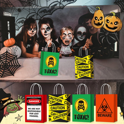 TaoBary 24 Pcs Halloween Biohazard Treat Bags Spooky Halloween Caution Gift Bags with Handles Beware of Danger Zombie Theme Horror Party Favors for Candy Goodie Snacks Holiday Party Supplies