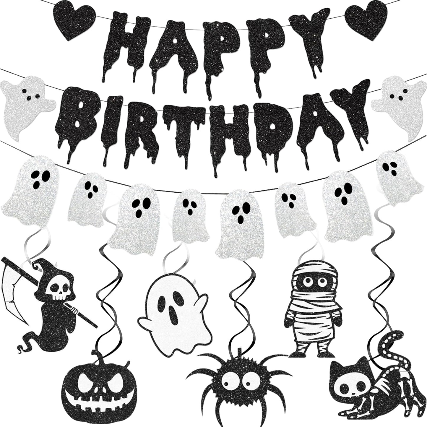 Black Glitter Halloween Birthday Banner White Ghost Garland Halloween Birthdays Party Decorations for Spooky Birthday Decorations Supplies