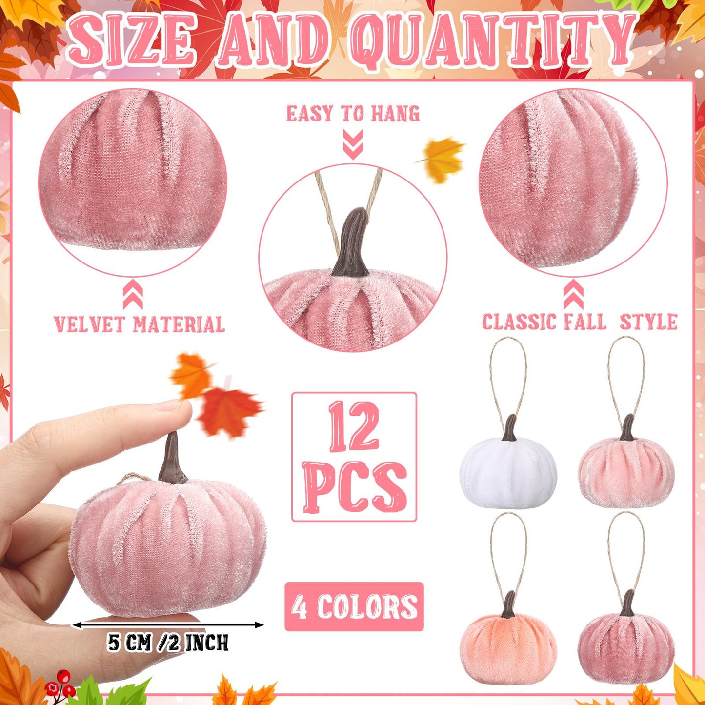 Vercraft 12 Pcs Thanksgiving Pumpkin Hanging Ornament 2 Inches Velvet Thanksgiving Fall Tree Decorations Fabric Small Tree Decorations for Farmhouse Harvest Autumn Home Party Decor(Pink and White)