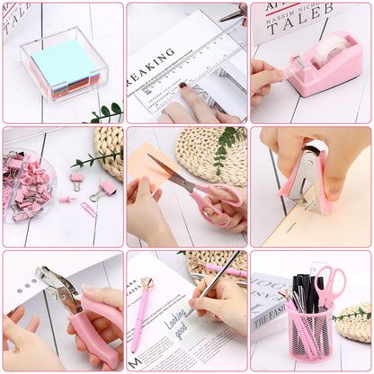 17 in 1 Pink Desk Organizers and Accessories Set, 3 Office Desk Supplies Storage Organization, 4 Pens, Stapler, Staples & Remover, Tape & Dispenser, Scissors, Ruler, Clips, Hole Punch, Back to School