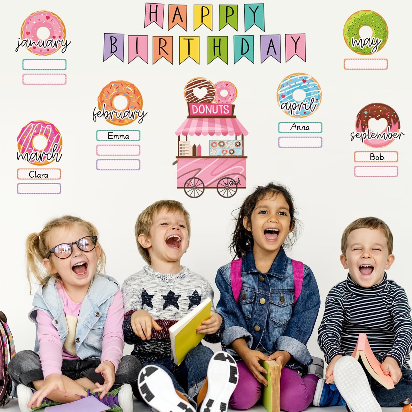 JarThenaAMCS 62 Pcs Donut Cut-Outs with Glue Points Happy Birthday Cutouts Sweet Donut Time Paper Cutting for Party Supplies Classroom Back to School Bedroom Bulletin Board Decor