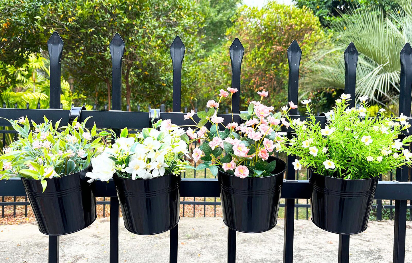 Joyfernal 4 Pack Black Railing Planter, 6 Inch Metal Hanging Planters for Outside Balcony Rails Fence with Detachable Hooks, Flower Pots Outside for Garden Patio (Black, Pack of 4)