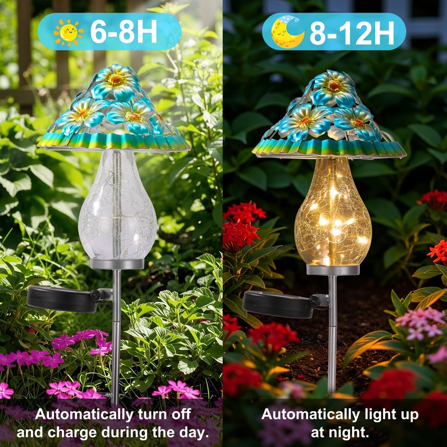 LOVERUIS Garden Statues with Solar Watering Can Lights, Cute Outdoor Garden Decor for Patio Yard Lawn Ornaments, Unique Gift for Women Mom Grandma (ARS-Mushroom Blue)