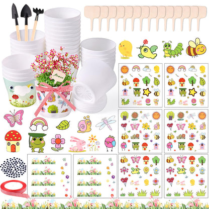 Aweyka 30 Pack Garden Plastic Pot Craft Kit DIY Flower Plant Crafts Nursery Pots with Stickers Flower Planting Growing Kit for Spring Summer Home Classroom School Creative DIY Art Project Activities