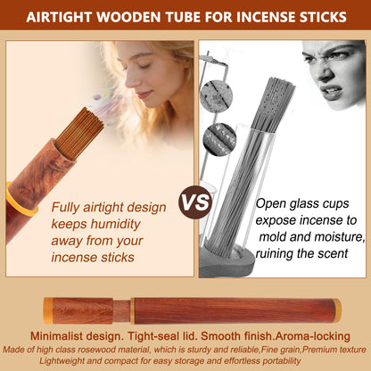 Zeckzoin Wood Incense Holder for Sticks with Glass Ash Catcher-Airtight StorageTube,Portable Incense Burner for Yoga Meditation Travel Home Gift