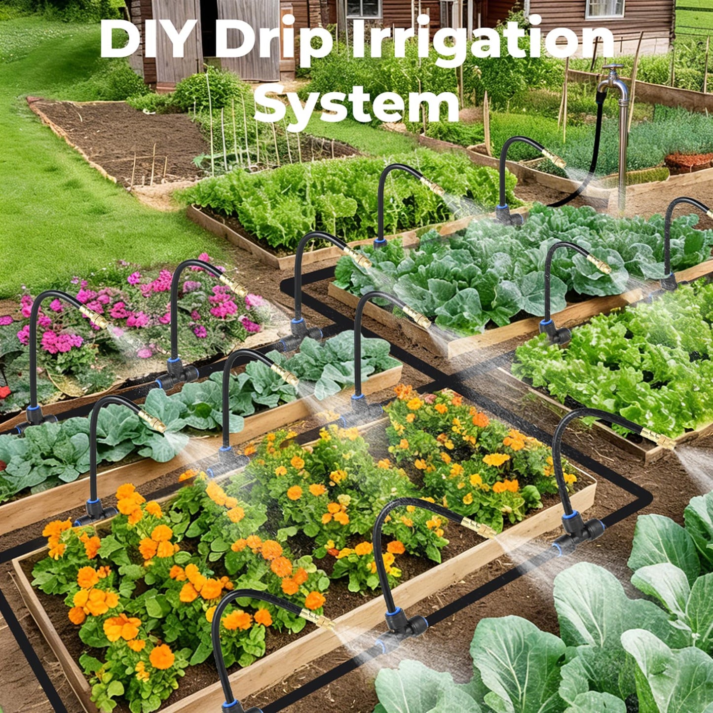 33FT Drip Irrigation System for Garden: 10 Nozzles 1/4" PE Tubing Automatic Watering Kit Adjustable Misting Sprinkler Mister Hose for Water Plants Tape Raised Beds Lawn Outdoor Yard Greenhouse