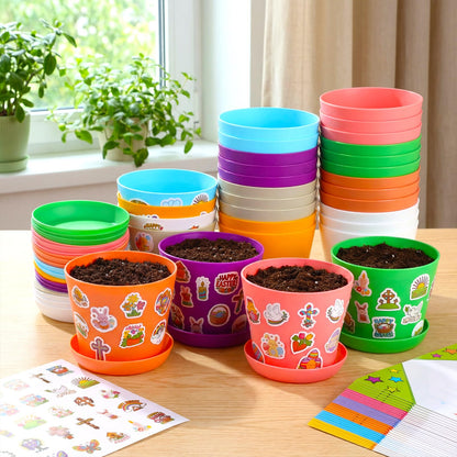 Domensi 30 Pack Garden Pot Craft Kit 4 Inch DIY Religious Crafts for Kids Bulk Small Plastic Spring Flower Plant Pot Plastic Planter with Tray Drainage Holes with Tag, Certificate of Award, Sticker