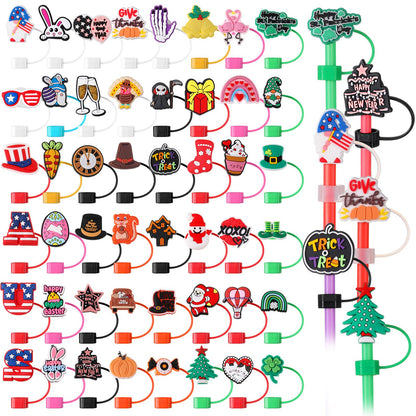 Ninehaoou 48 Pcs Holiday Straw Toppers Silicone Cute Straw Cover Cap Tumbler Reusable Drinking Cover Lid Topper Protector for Christmas Halloween Easter Independence Day St Patrick's Day