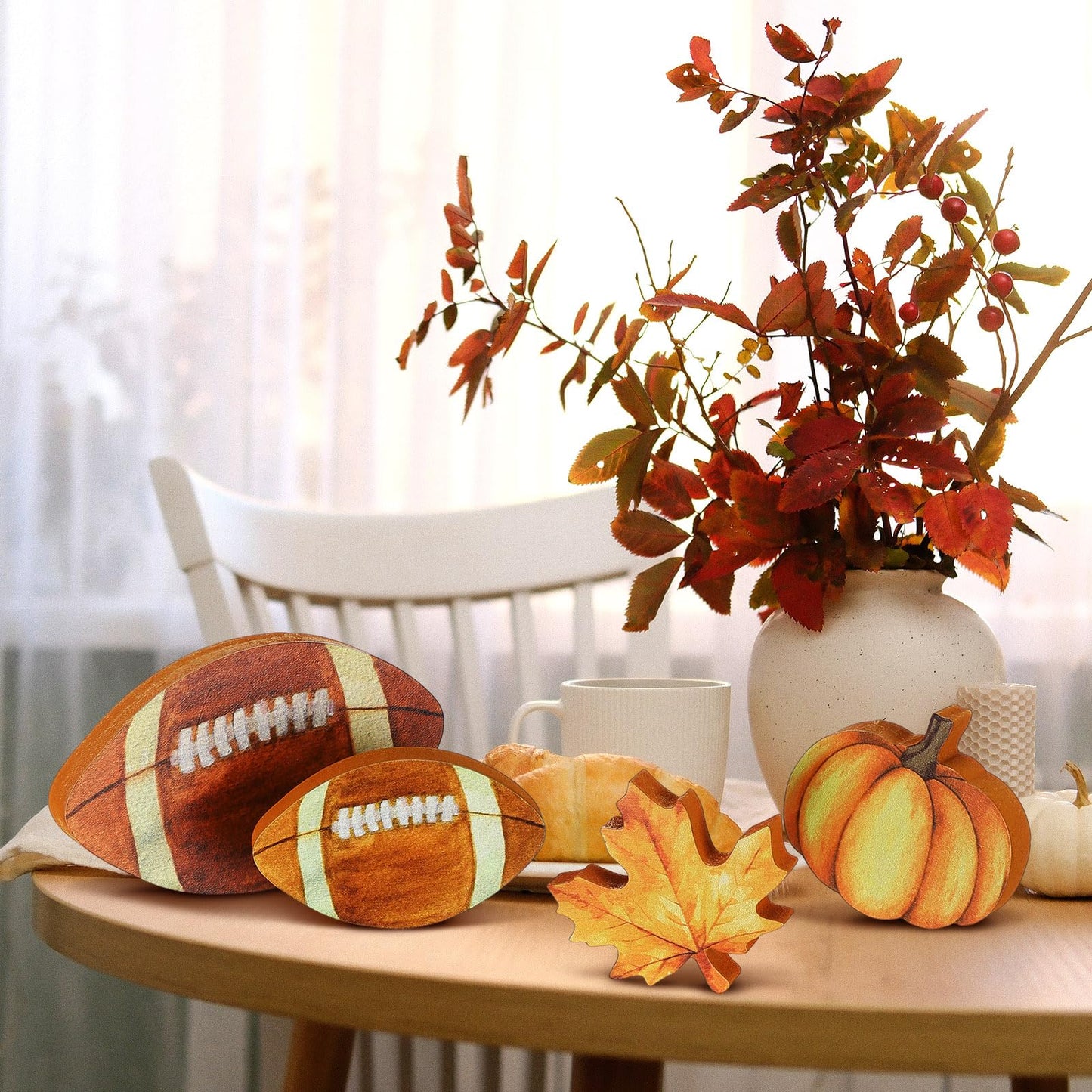 Bencailor 12 Pcs Fall Table Decor Wooden Pumpkins Maple Leaf Fall Football Tiered Tray Decor Thanksgiving Centerpiece Autumn Football Decorations for Home Kitchen Desk Office Party