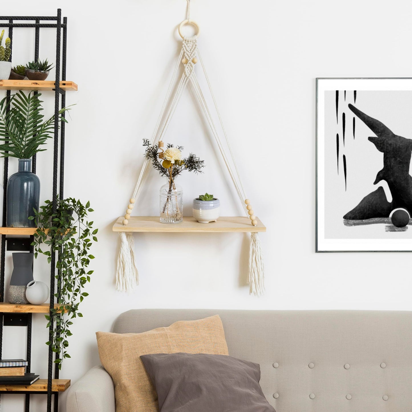 HVEST Macrame Wall Hanging Shelf Boho Wall Decor Floating Storage Book Shelf Beige Handmade Woven Tapestry for Bedroom Living Room Dorm Nursery Bathroom Wall Art Macrame Plant Hanger