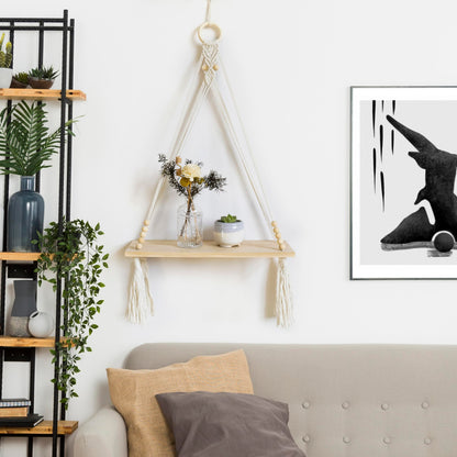 HVEST Macrame Wall Hanging Shelf Boho Wall Decor Floating Storage Book Shelf Beige Handmade Woven Tapestry for Bedroom Living Room Dorm Nursery Bathroom Wall Art Macrame Plant Hanger